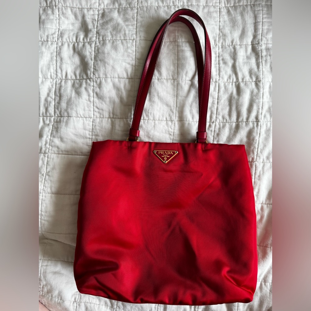 Prada Bright Red Nylon Tote with Leather-Strap Handles